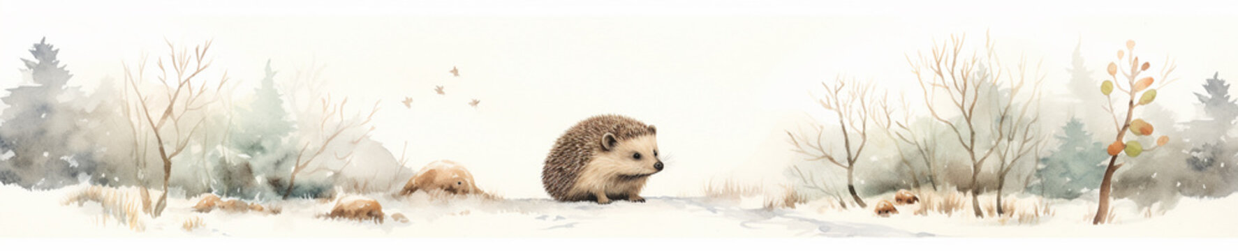 A Minimal Watercolor Banner of a Hedgehog in a Winter Setting