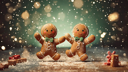 A delightful assortment of Dancing gingerbread man Christmas cookies, perfect for holiday celebrations. Bokeh background