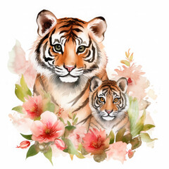 Cute mother tiger with baby with flowers Illustration, Generative Ai