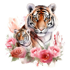 Cute mother tiger with baby with flowers Illustration, Generative Ai