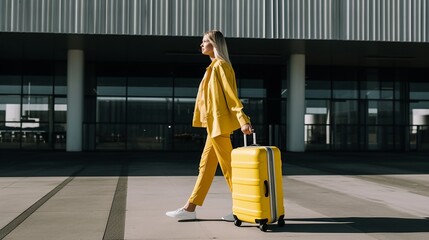 Woman with suitcase walking on street