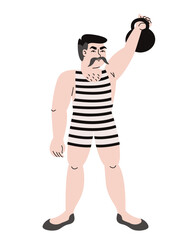Circus strongman lifts kettlebell. Character in doodle style.