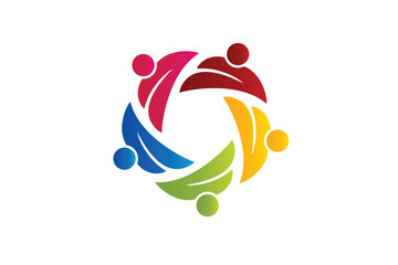 Teamwork five people around in a leaf shape colorful icon image circle unity voluntary conceptual gardening farm concept logo vector image design