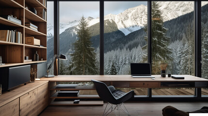 Modern business home office without people with panoramic windows with mountains view