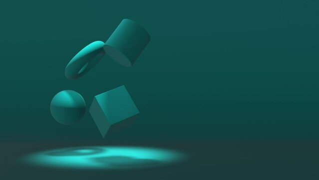 Abstract background with 3D shapes floating in zero gravity and realistic light and shadows , looped video, 4k , 60 fps