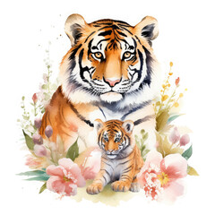 Naklejka premium Cute mother tiger with baby with flowers Illustration, Generative Ai
