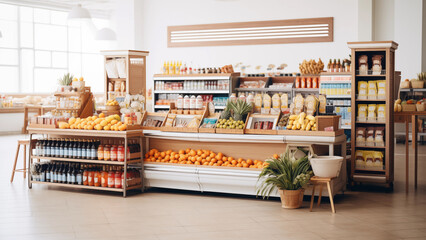 Naklejka premium Neatly arranged shelves showcase diverse products attractively