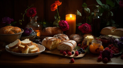 Obraz na płótnie Canvas bread on a table with flowers and jams
