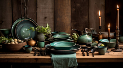 green utensils on a wooden table for dinner  