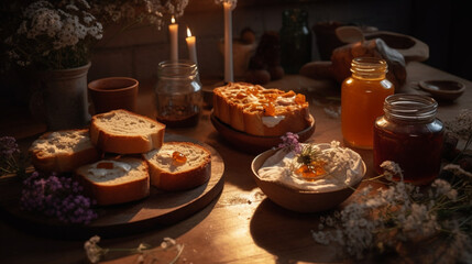 bread on a wooden table with flowers and jams