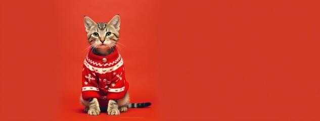 cat and dog wearing santa christmas sweater and knitted hat - obrazy, fototapety, plakaty