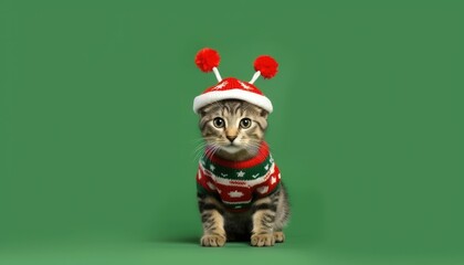 cat and dog wearing santa christmas sweater and knitted hat - obrazy, fototapety, plakaty