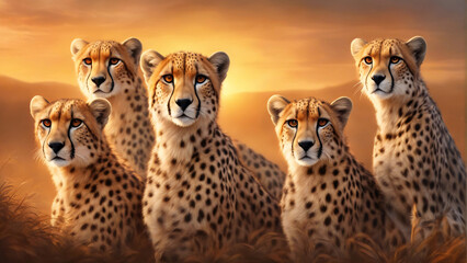 Group of cheetahs in the african grassland. - obrazy, fototapety, plakaty