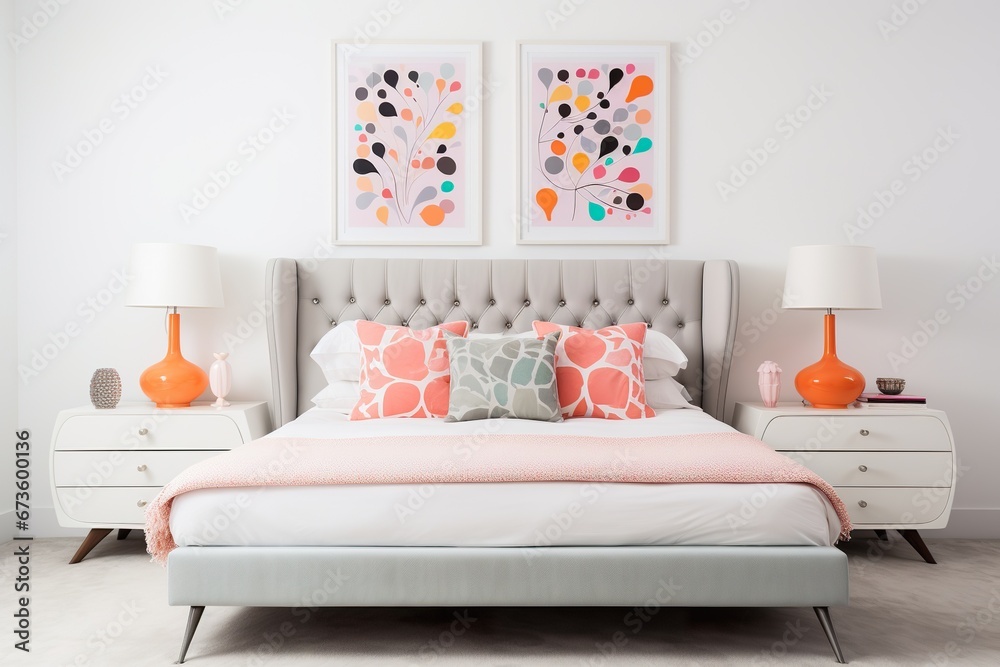 Wall mural young bedroom, colorful walls, one or two framed prints above the bed, light neutrals with pops of b