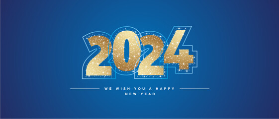 We wish you a Happy New Year 2024 light golden glitter typography with neon outline 2024. New Year 2024 on blue background - obrazy, fototapety, plakaty