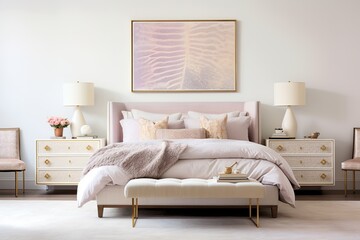 Young bedroom, colorful walls, one or two framed prints above the bed, light neutrals with pops of bright pink