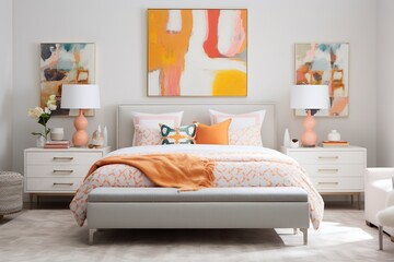 Young bedroom, colorful walls, one or two framed prints above the bed, light neutrals with pops of bright pink