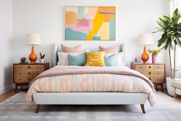 Young bedroom, colorful walls, one or two framed prints above the bed, light neutrals with pops of bright pink