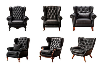 Comfortable black armchair collection isolated on a transparent background. Interior element
