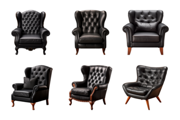 Comfortable black armchair collection isolated on a transparent background. Interior element