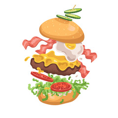 American hamburger fly. Delicious burger with meat float. Tempting cheeseburger with bacon. Levitation of ingredients. Unhealthy nutrition, fast food. Flat isolated vector illustration on white