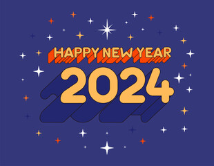 Vector Happy new year 2024 background with retro geometric colorful text and explosion of geometric firework stars. For seasonal holiday web banners, flyers and festive posters