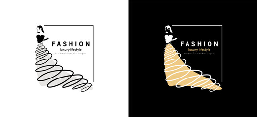 Women's long dress fashion logo design with abstract hand drawn fabric model