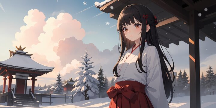 Beautiful Anime Girl. Hakama. Winter Season