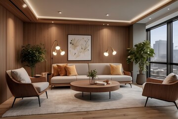 modern living room interior with brown wall and cosy sofa and wooden table