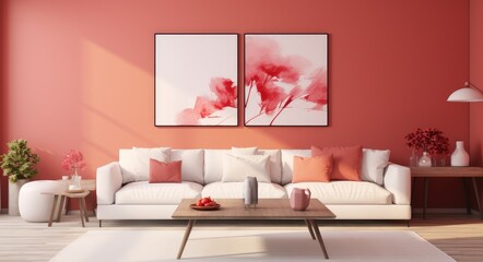 Living room with a bright red color room interior, in the style of soft, muted color palette, dark white and light pink.