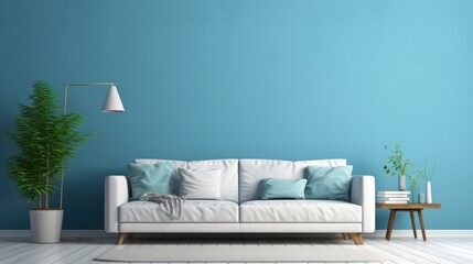 Living room with blue walls and white sofa, in the style light cyan, minimalist backgrounds.