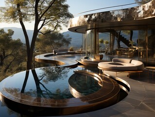 Modern hotel room with swimming pool