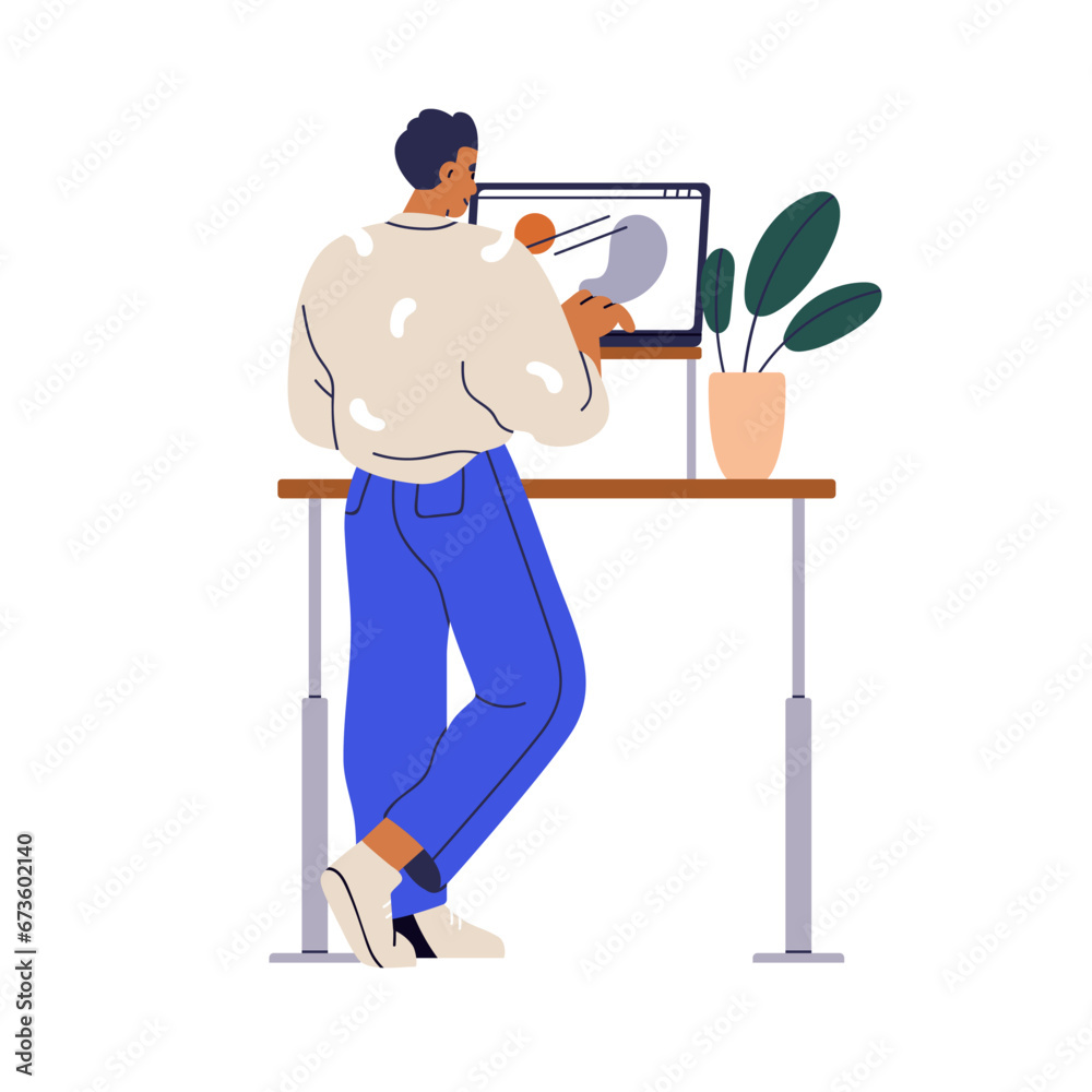 Poster employee at stand desk, comfortable workplace. creative designer works at adjustable computer table.