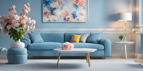 Modern blue living room design with sofa and furniture. Blurred bright living room with sofa and flowers.