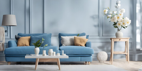 Modern blue living room design with sofa and furniture. Blurred bright living room with sofa and flowers.