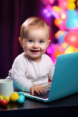 Fototapeta na wymiar Cute baby boy with laptop on background of colorful bokeh.