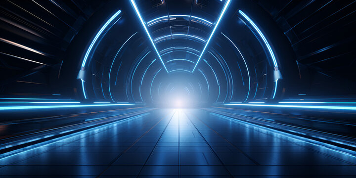 A tunnel aglow with azure lights against a deep  Luminous Underground Corridor 