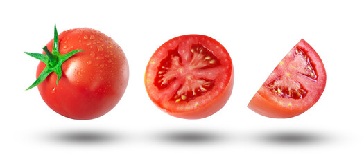 Flying tomato has water drop with half slices tomatoes and shadow isolated on white background.