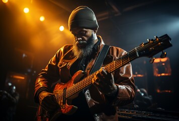 Man playing guitar in dark room