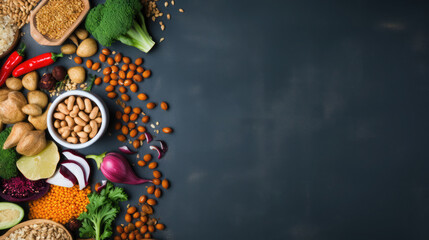 Healthy food background. Vegetables, fruits and legumes on dark background. Banner. - obrazy, fototapety, plakaty