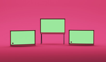 Modern TV Screen or Television monitor on viva magenta background. minimal style. Digital marketing concept, Shopping Online, clothing shopping. 3d rendering
