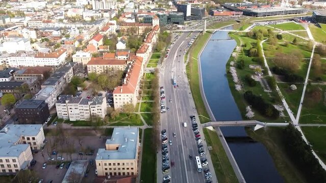 King Mindaugas avenue and downtown in Kaunas city, aerial view