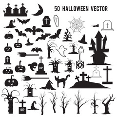 50 different Set of halloween silhouettes black icon and character. Collection of halloween silhouettes .Vector illustration. Isolated on white background