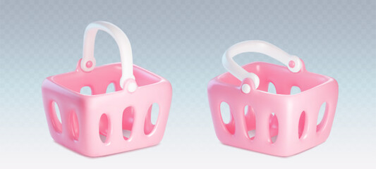 3D supermarket basket with handle for shopping and purchases in store or online market. Realistic vector illustration set of empty consumer cart for grocery and goods. Pink plastic box for products.
