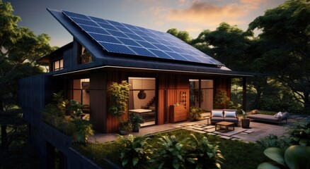 House that has solar panels on the roof. - obrazy, fototapety, plakaty