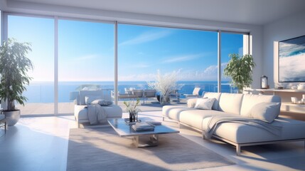 Open concept living room in a house overlooking the ocean.