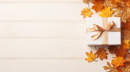 Naklejka na ściany i meble Autumn leaf with gift box border with white background.