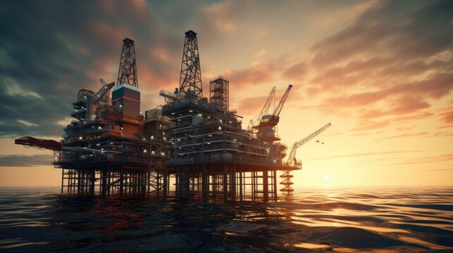 Large Offshore oil rig drilling platform at sunset and beautiful sky in the gulf.