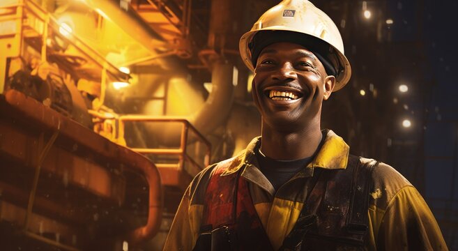 Smiling oil worker in front of rig.