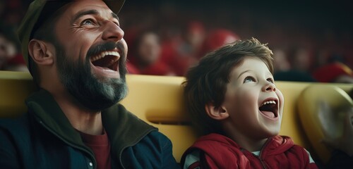 Fototapeta premium Young boy and his dad laugh at the football game.